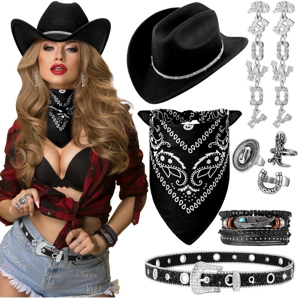 Rhinestone Cowboy Hat Polyester Black with Glitter Belt Accessories for Women